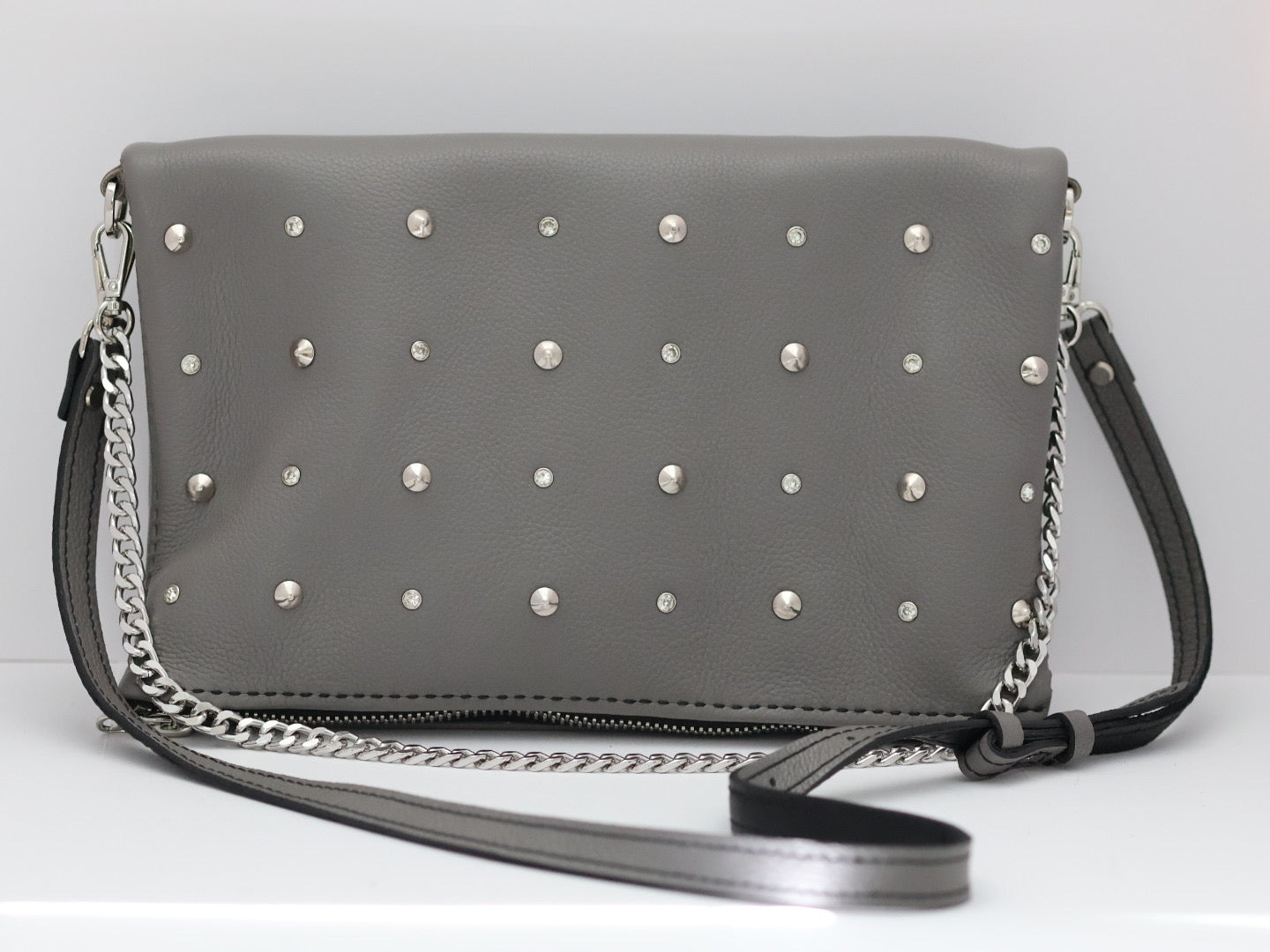 Rhinestone & Studs Italian Gray Leather - Folding Purse