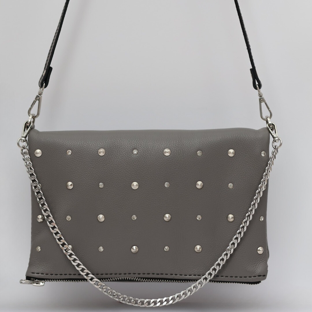 Rhinestone & Studs Italian Gray Leather - Folding Purse
