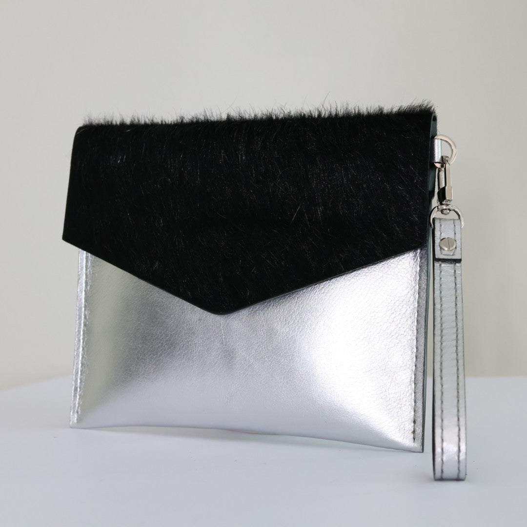 Metallic silver leather with hair-on cowhide