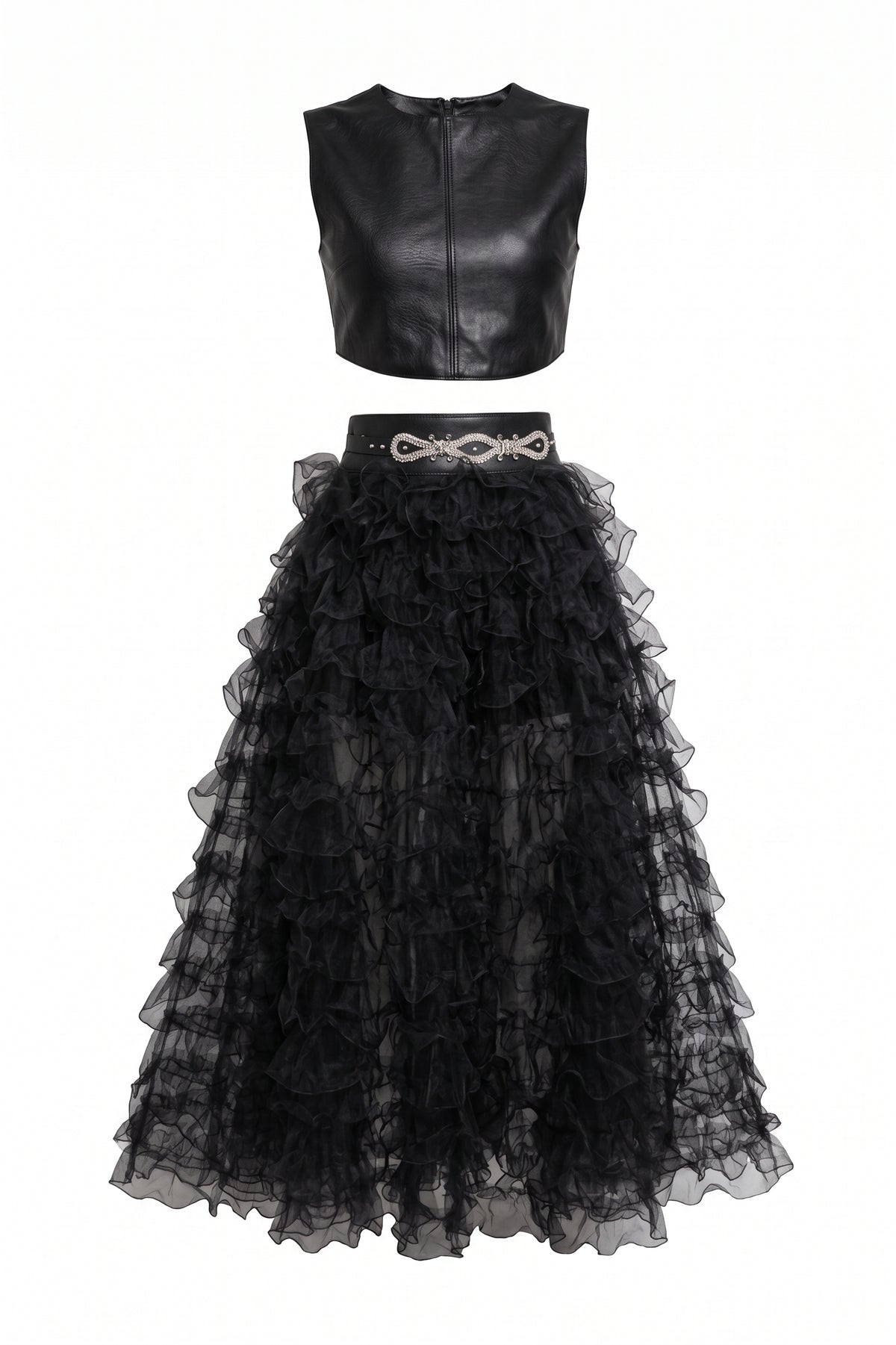 The Onyx Sculpted Leather Crop & The Midnight Cascade Organza Tiered Maxi