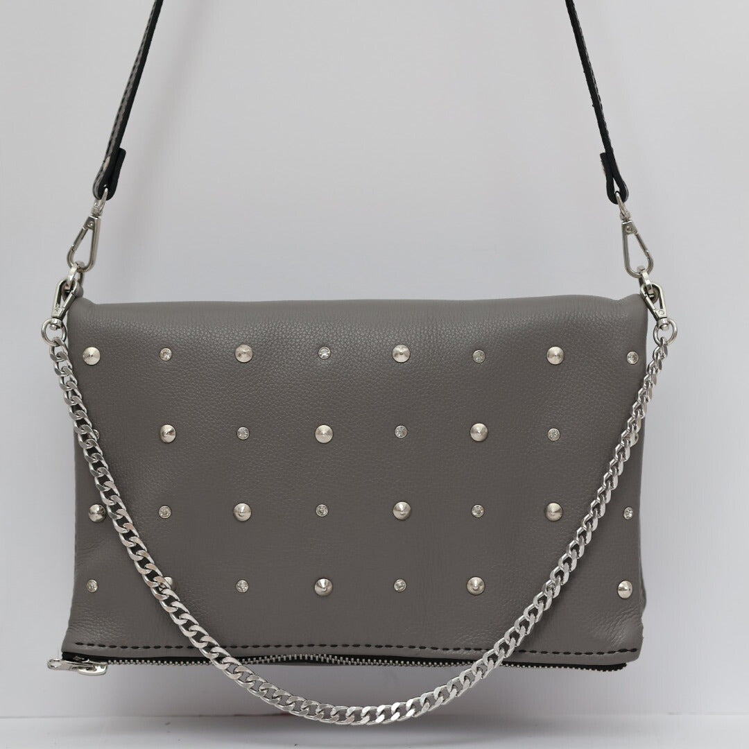 Rhinestone & Studs Italian Gray Leather - Folding Purse