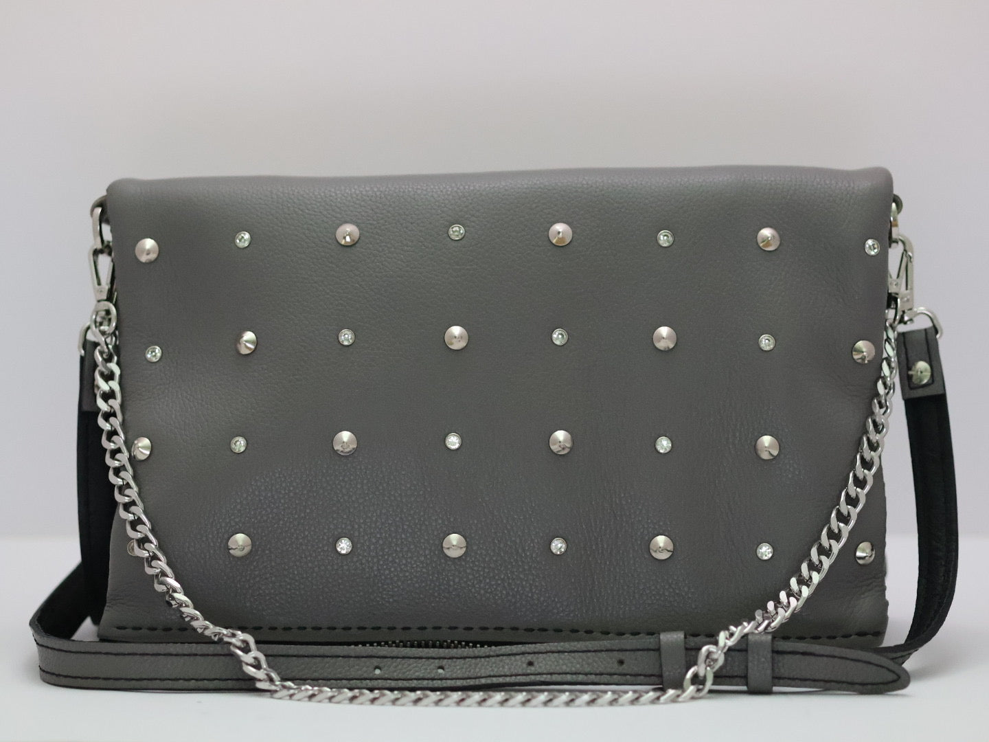 Rhinestone & Studs Italian Gray Leather -  Folding Purse