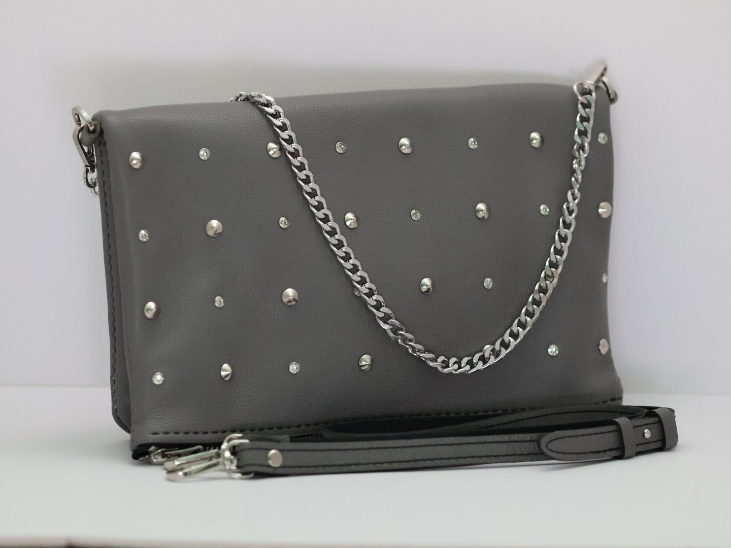Rhinestone & Studs Italian Gray Leather -  Folding Purse