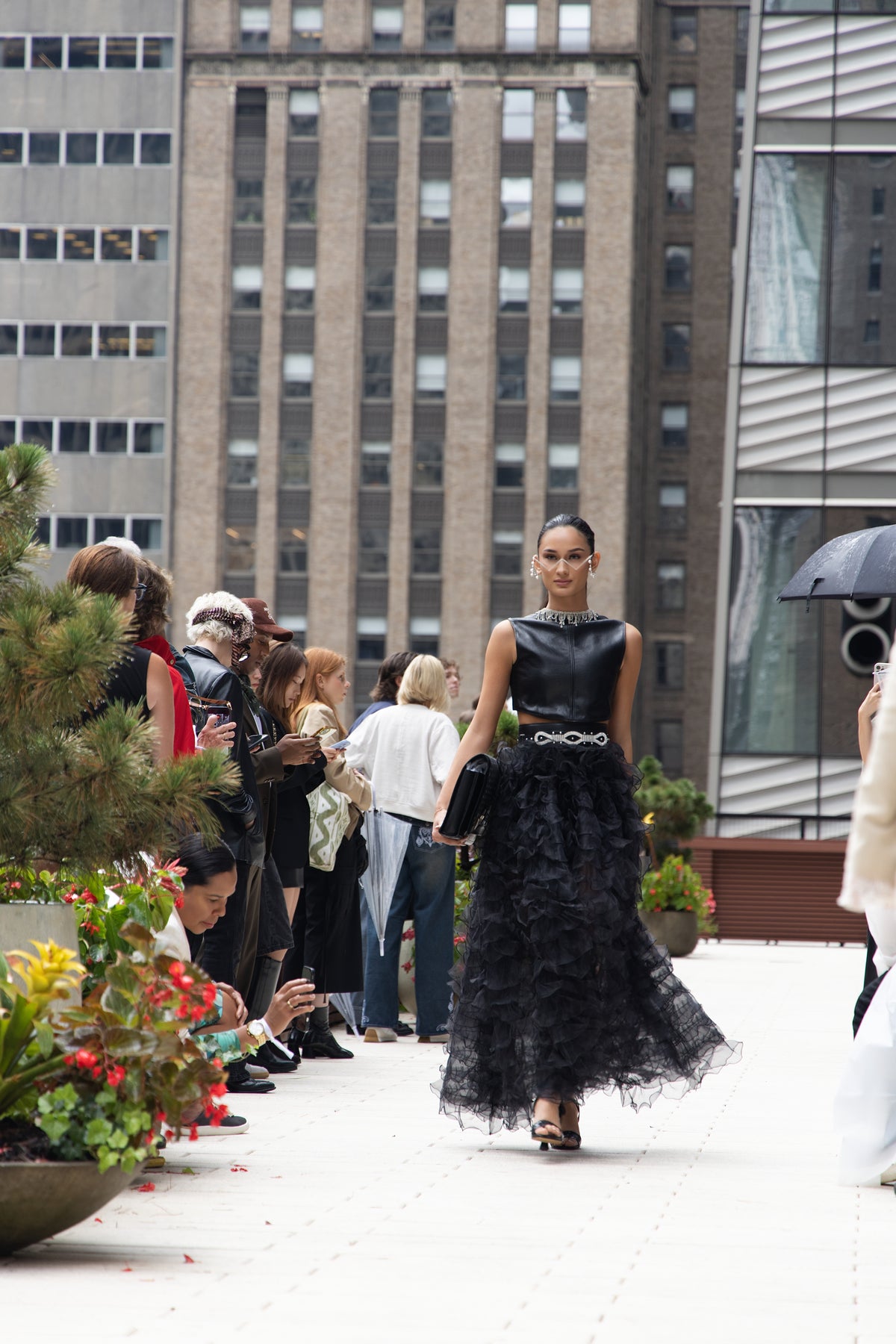 The Onyx Sculpted Leather Crop & The Midnight Cascade Organza Tiered Maxi