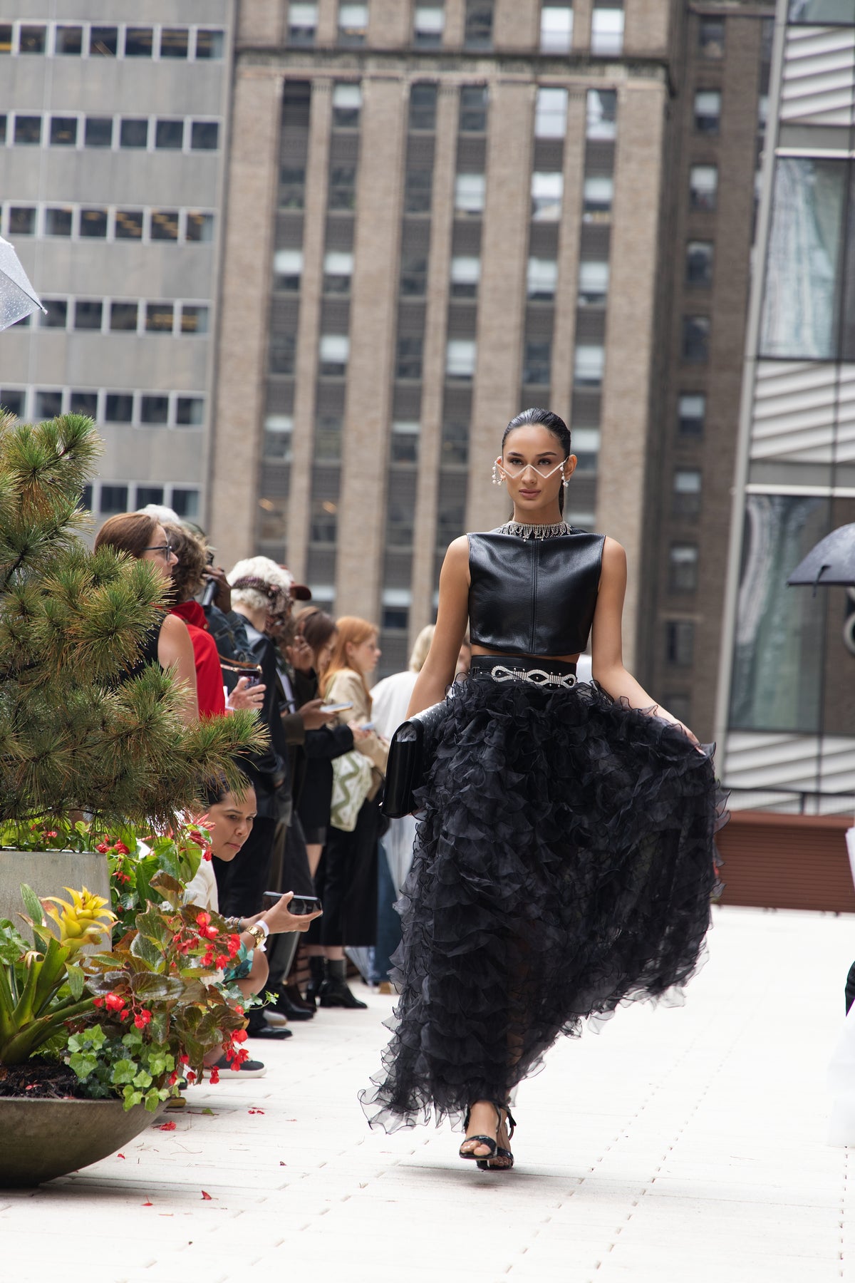 The Onyx Sculpted Leather Crop & The Midnight Cascade Organza Tiered Maxi