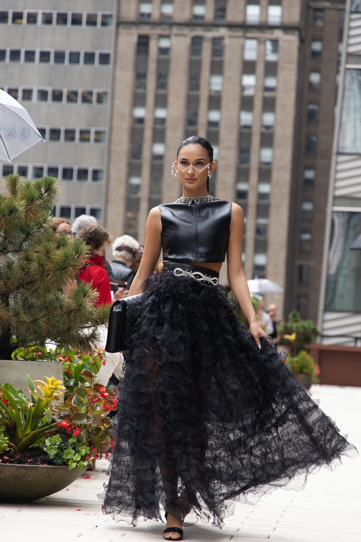 The Onyx Sculpted Leather Crop & The Midnight Cascade Organza Tiered Maxi