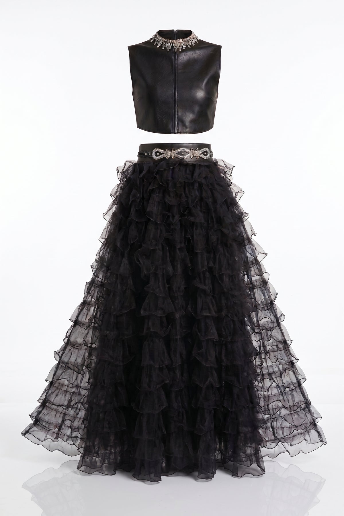 The Onyx Sculpted Leather Crop & The Midnight Cascade Organza Tiered Maxi