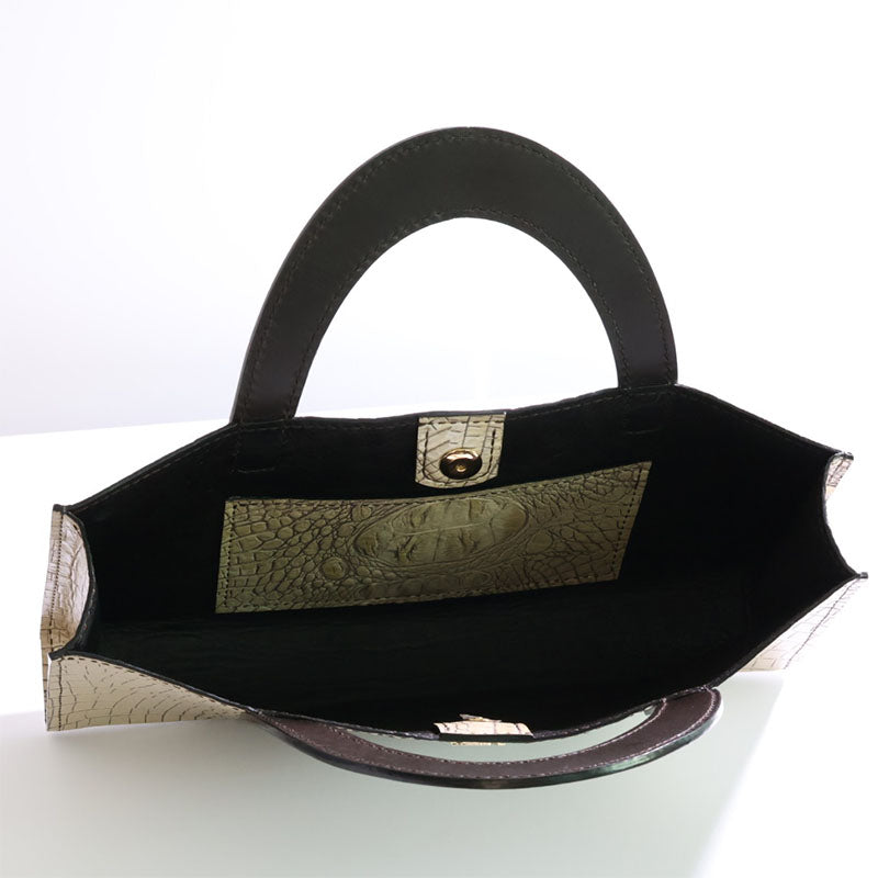 Leather Croc Tote Bag Metallic Gold & Beige